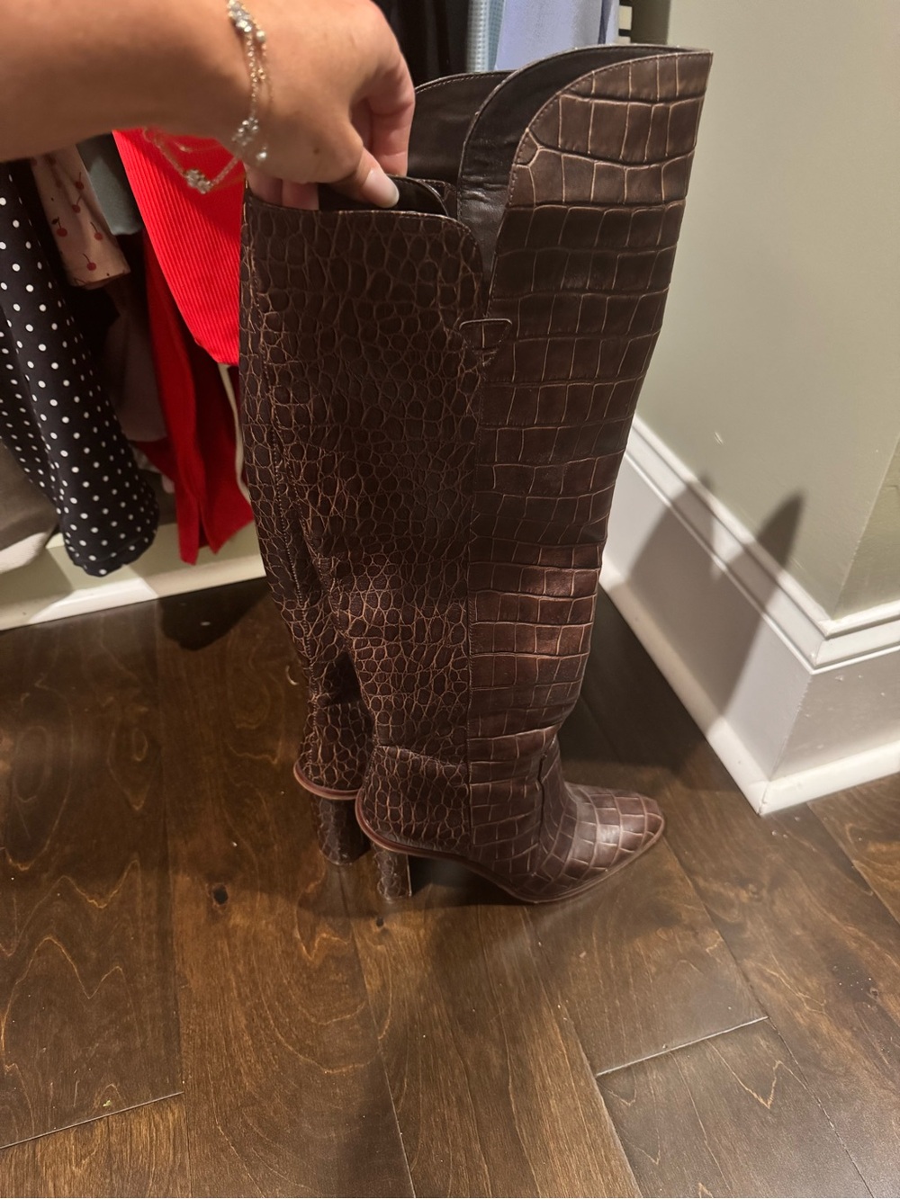 Vince Camuto Dark Brown Croc-Embossed Over-the-Knee Block Heel Boots - Picture 2 of 8